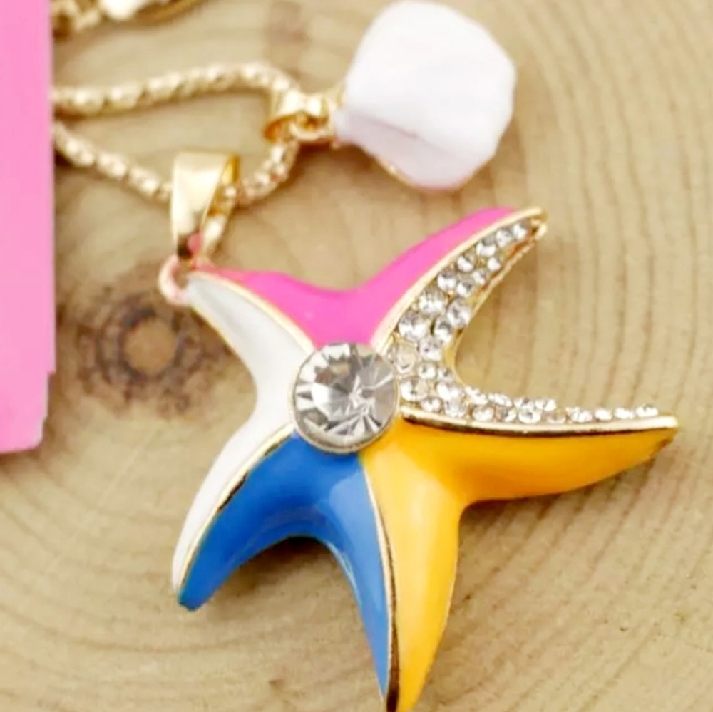 Gold Plated Pink blue yellow white crystal seashell Charm starfish necklace